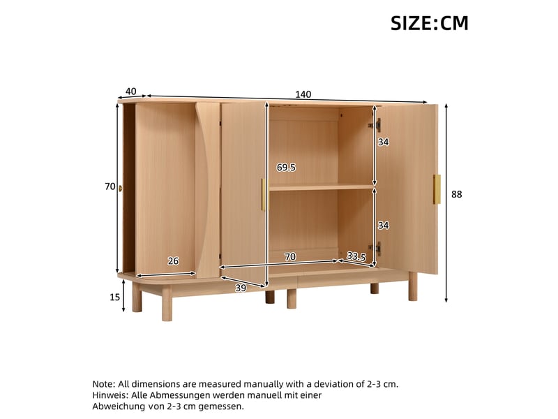 Buffet - 140x40x88cm - buffet basse de salon avec 2 portes battantes & 2 portes coulissantes côtelées - bois naturel - Conforama E