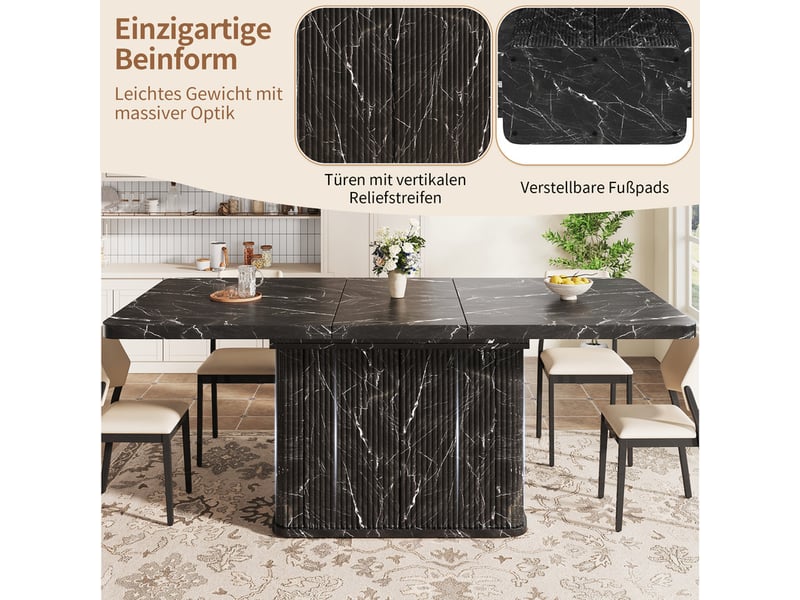  Table à manger multifonction avec rangement caché, plateau extensible, reliefs verticaux, 140-180 cm, effet marbre noir  - Conforama D