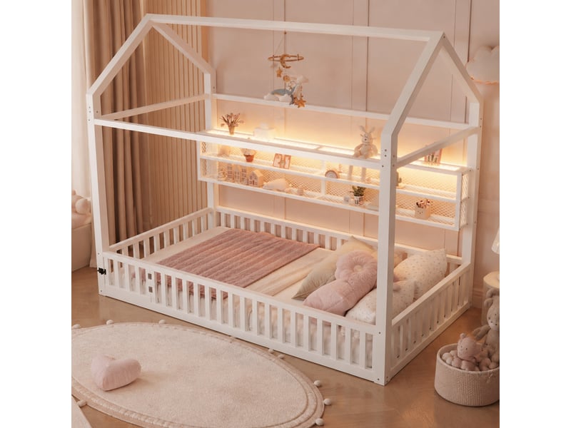  Lit cabane 90x200 cm avec barrière et éclairage à del, métal blanc, sans matelas  - Conforama B