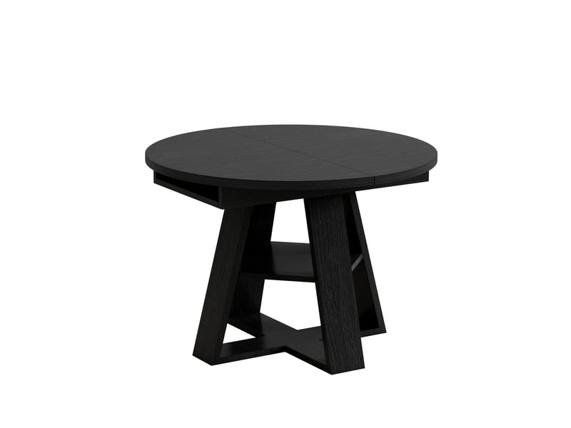  Table à manger 110150 x 100 cm table de salle à manger extensible 4 à 6 personnes plateau rond rangement intégré compartiments de rangement finition aspect bois coloris noir  - Conforama E