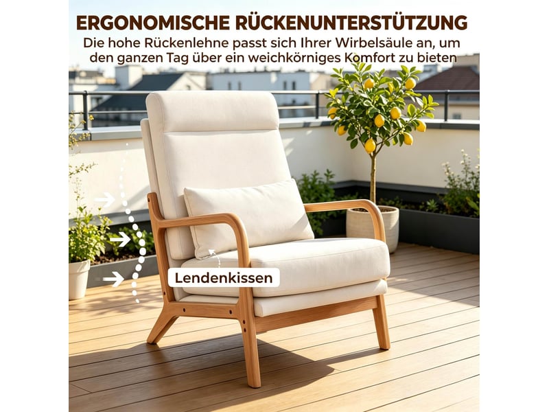 Fauteuil de salon à dossier haut, assise large et coussin lombaire en tissu effet lin crème, 64 × 86 × 93 cm  - Conforama D