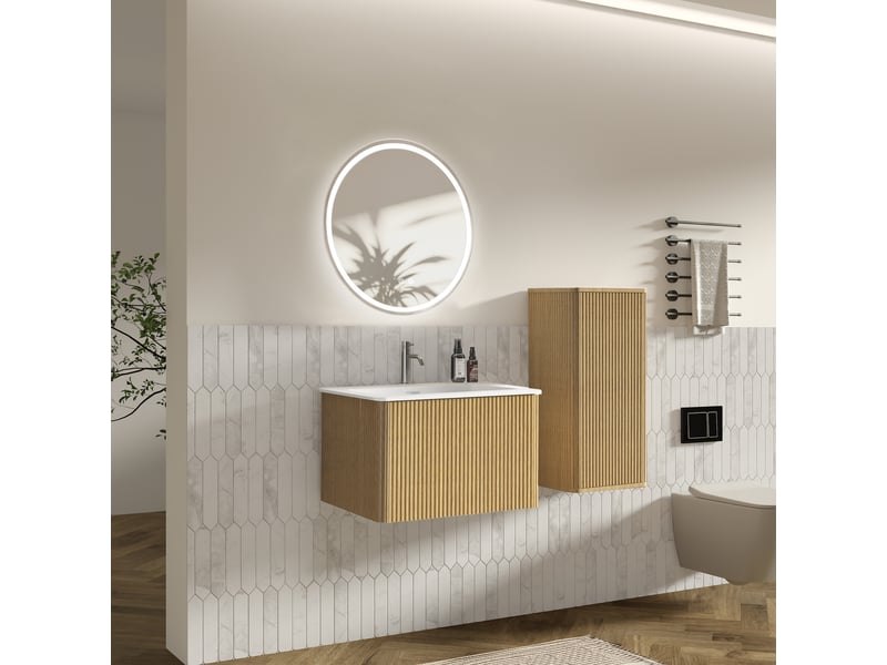 Meuble sous vasque avec miroir led antibuée et colonne de rangement suspendue pour salle de bain en mdf couleur chêne - Conforama C