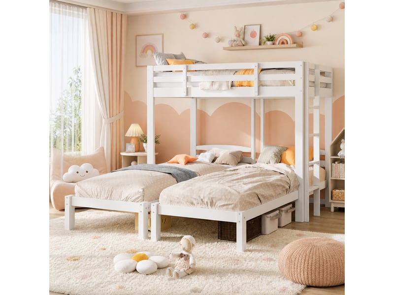  Lit superposé triple 90x200 cm pour enfants et adolescents en bois blanc  - Conforama C
