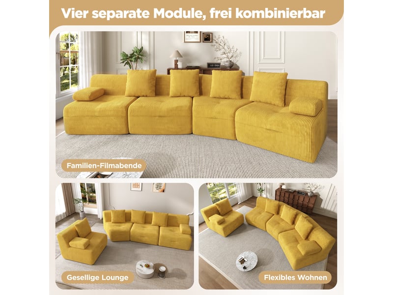  Canapé modulable 4 places en velours côtelé jaune 311 x 90 x 65 cm ZR2060311Y - Conforama E