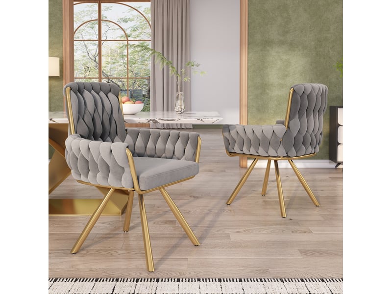  Lot de 6 chaises de salle à manger avec revêtement tissu velours, chaises dotée d'accoudoirs, rotatives et piètement acierlique, gris+doré  - Conforama D