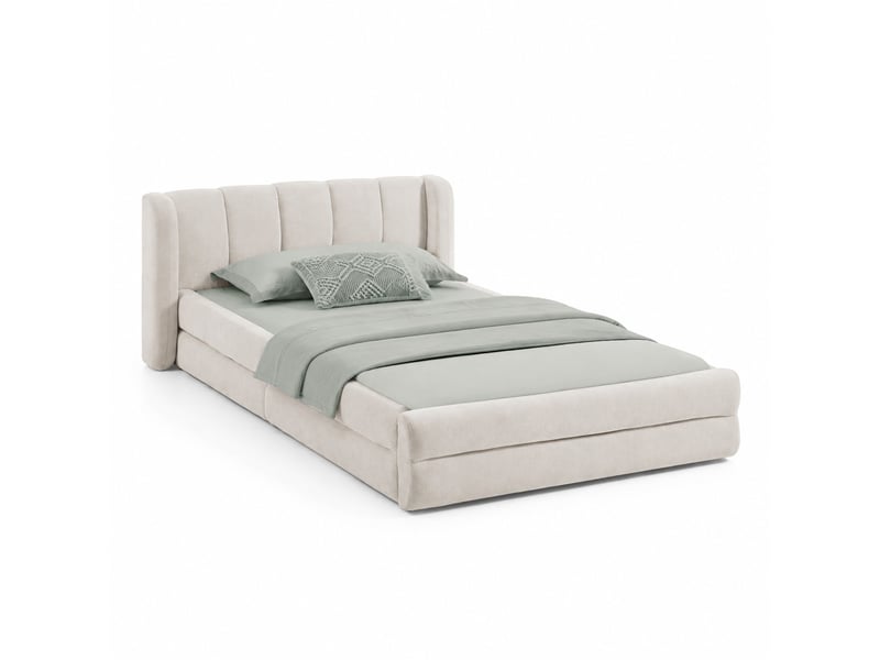  Lit simple 90x200 cm en chenille beige avec tête de lit, sans matelas  - Conforama A
