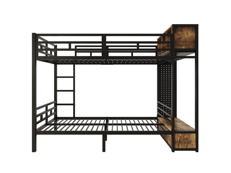 Lit superposé noir 120x200 cm métal et bois avec rangement intégré penderie tiroir panneau perforé étagères ouvertes Sol Morn - Conforama A