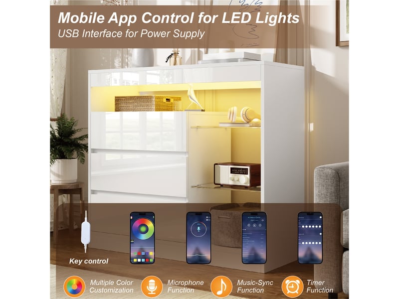 Buffet 90x35x80 cm - éclairage led - usb et usb-c - grand rangement - 3 tiroirs - verre - design moderne - vaisselier - meuble de rangement - blanc CozyNest - Conforama E