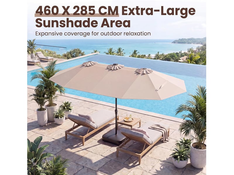 Parasol de jardin exterieur avec pied, 4,7x2,8m grand parasol double face avec led solaires, manivelle, 12 baleines, protection solaire,beige - Conforama C