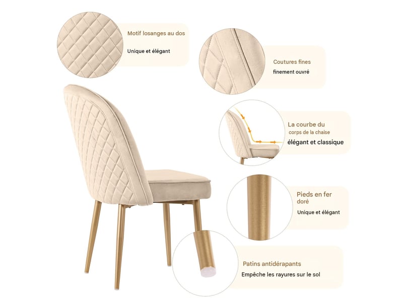  Lot de 4 chaises de salle à manger en velours beige pieds en métal doré  - Conforama D