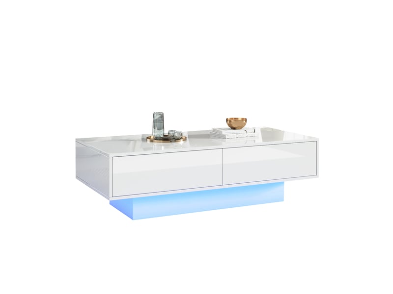 Table basse blanche brillante avec led, 115x55x34 cm, table de salon moderne avec 2 tiroirs, capacité 30 kg - Conforama R