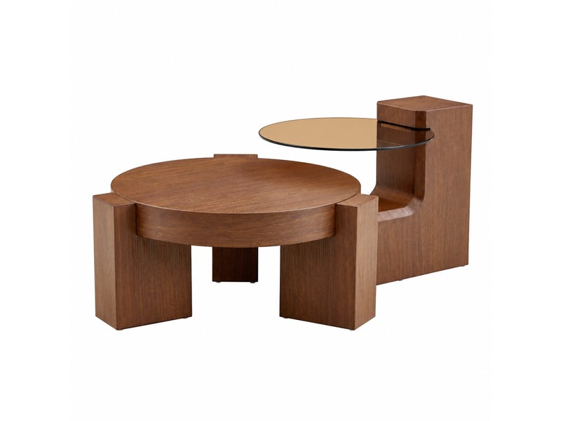  Lot de 2 tables basses gigognes, tables d'appoint séparables, mdf effet noyer et verre marron, design rond  - Conforama A