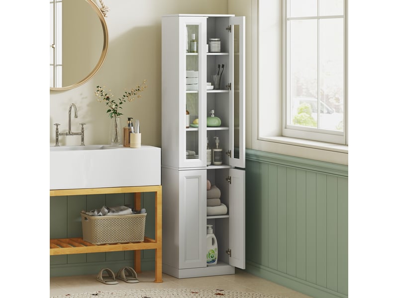  Meuble de salle de bain à 6 niveaux, unité de rangement avec 4 portes à fermeture amortie et étagères réglables, blanc  - Conforama C