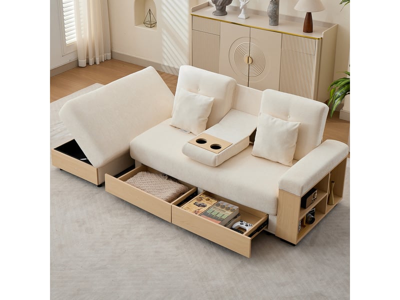 Canapé convertible, canapé-lit, en tissu chenille, beige, porte-gobelets, dossier réglable 3 positions, 217 cm, avec pouf - Conforama E