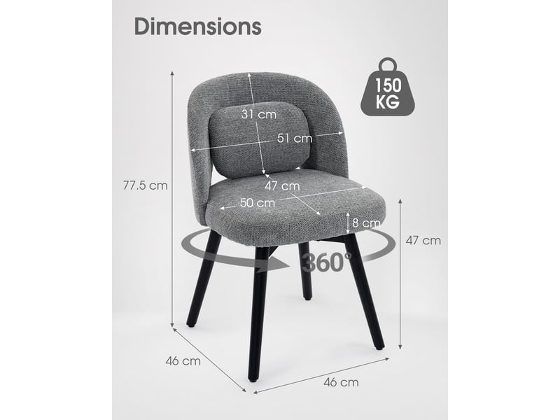  Lot de 2 chaises de salle à manger pivotantes 360°,46x46x77,5 cm,velours,gris  - Conforama C