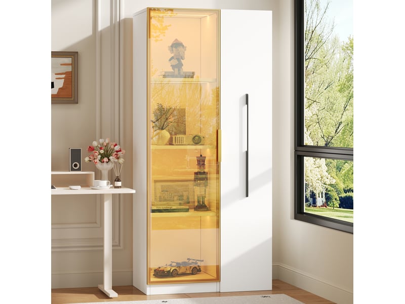 Vitrine de rangement 70 x 40 x 160 cm – blanche – portes en verre, led et module coulissant latéral  - Conforama B