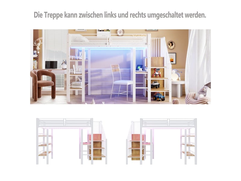  Lit mezzanine 90 x 200 cm éclairage led prise électrique structure en fer forgé compartiment de rangement bibliothèque intégrée  - Conforama D