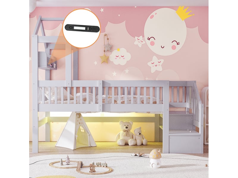  Lit mezzanine enfant 90x200 cm avec rangements et éclairage led, bois et mdf, gris sans matelas  - Conforama D