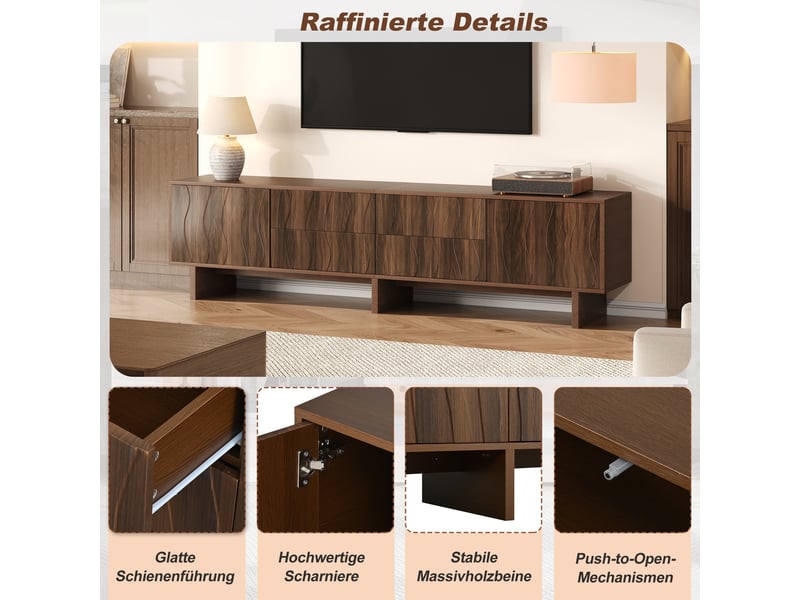  Meuble tv couleur noyer, meuble télévision jusqu'à 75 pouces, design ondulé et rangement fermé pour salon contemporain  - Conforama W