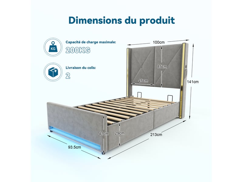  Lit coffre 90x200 cm avec éclairage led et ports usb type c en velours gris foncé  - Conforama E
