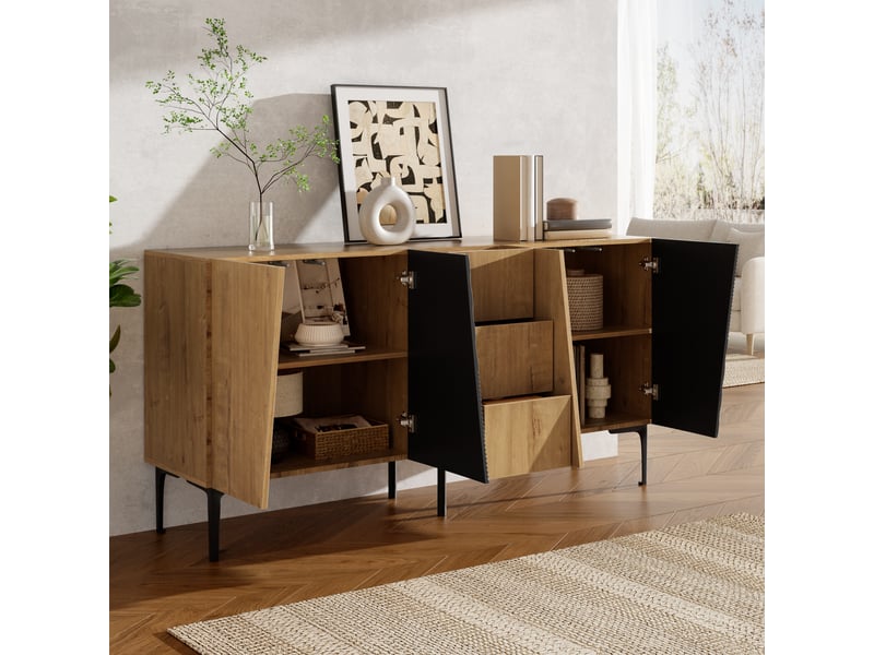 Buffet bas 160x40x80 cm avec 4 portes, 3 tiroirs et étagères réglables, meuble rangement salon salle à manger en mdf-noir et bois - Conforama D