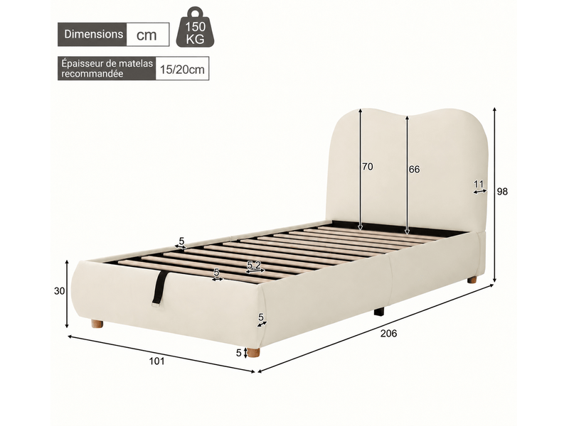 Lit enfant coffre 90 x 190 cm - avec tête de lit capitonnée - rangement sous le lit - velours - beige (matelas non inclus) - Conforama C
