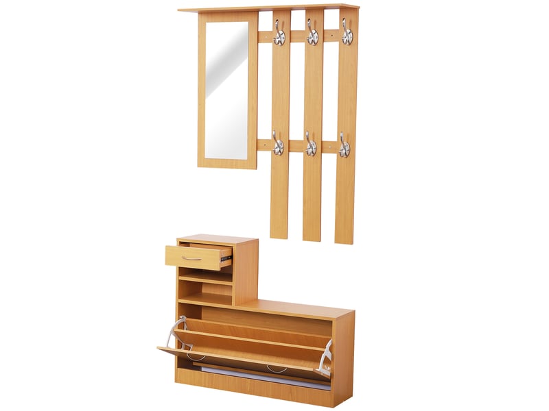  Ensemble entrée 2 pièces miroir + porte-manteau + rangement chaussures, 6 crochets, étagères, tiroir abattant, bois brun  - Conforama B