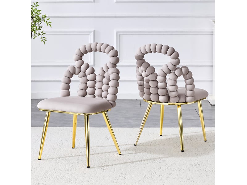  Lot de 2 chaises 48x50x86 cm, dossier ouvert à chaîne de boules, gris clair, pieds métal, assise velours moelleuse  - Conforama E