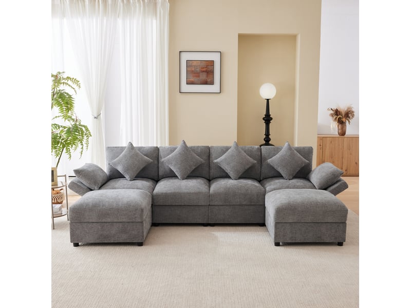 Canapé d'angle droit modulable en chenille avec accoudoirs réglables et 2 poufs, gris - Conforama C