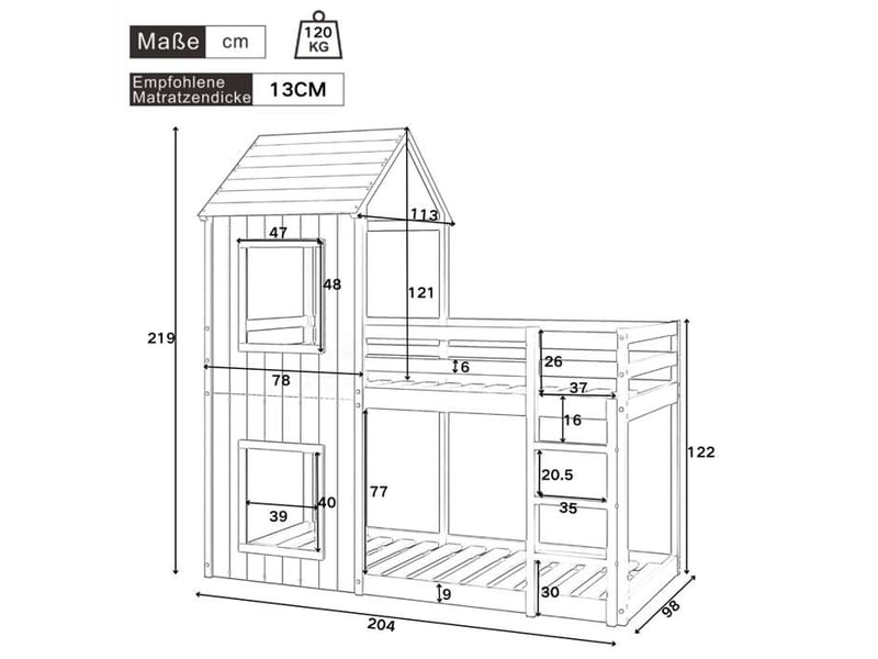  Lit superposé cabane enfant 90x200cm - barrières sécurité &amp; supporte 120kg, pin massif et mdf, certifié en747, blanc blanc - Conforama E