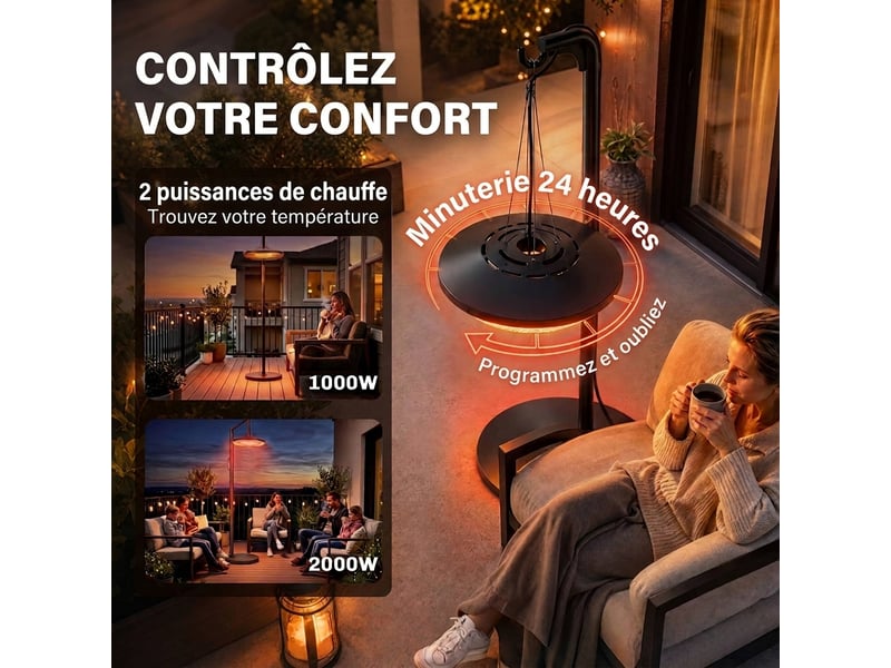 Chauffage infrarouge suspendu 2000w avec éclairage led et télécommande  - Conforama W