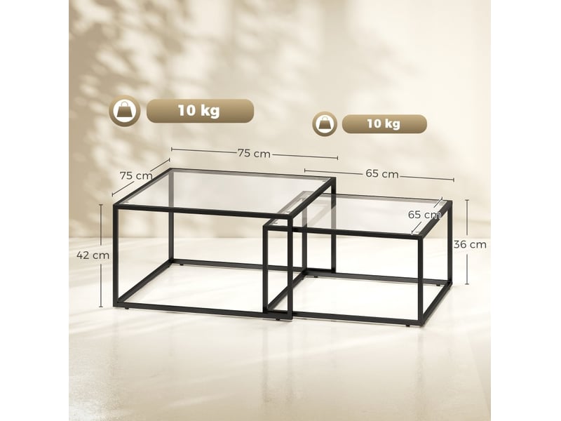  Tables basses gigognes 2 pièces – verre trempé et métal noir – 75 x 75 x 42 cm  - Conforama D