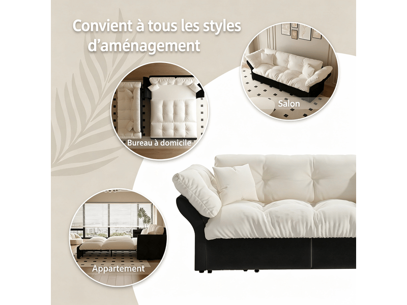  Canapé-lit 3 en 1 190 cm en velours beige avec lit gigogne et 2 coussins pour salon IKSETERA TRADING LTD - Conforama E