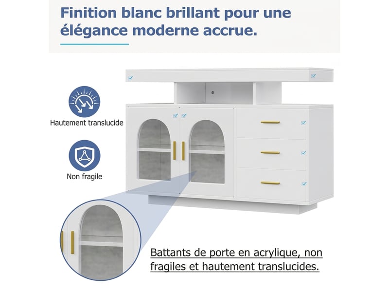 Buffet blanc brillant avec led 120 cm - meuble de rangement cuisine 3 tiroirs et portes acrylique - Conforama W