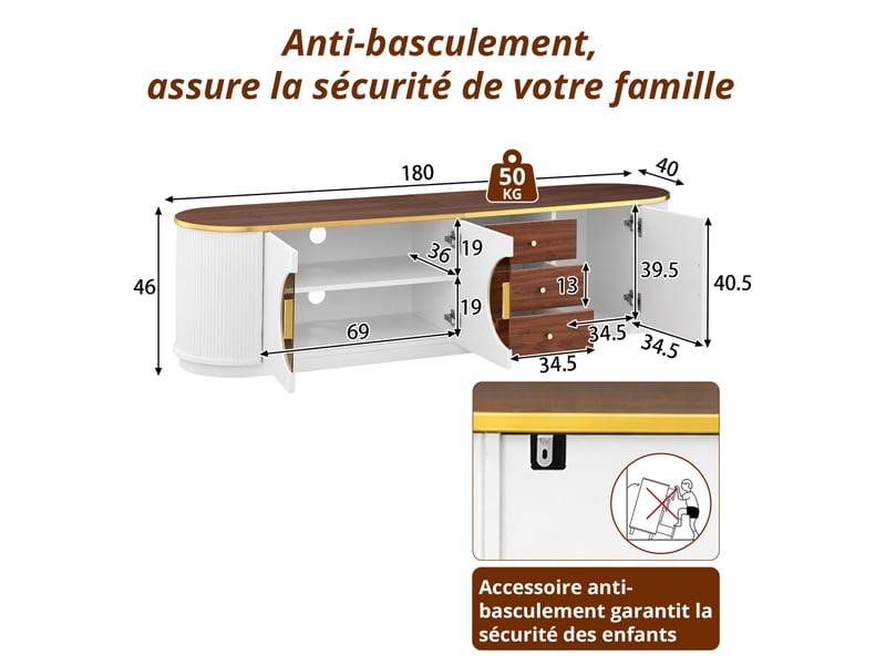 Meuble tv avec 3 tiroirs et 3 portes, portes en verre brun, pour salon, 180 × 40 × 46 cm, en mdf, blanc  - Conforama D