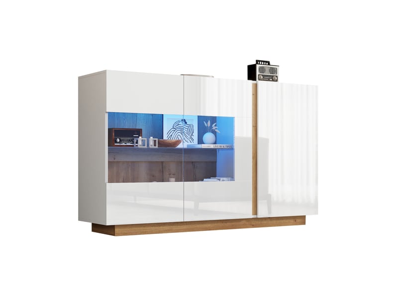  Buffet blanc brillant avec verre et éclairage led 138 x 38 x 90,5 cm  - Conforama A