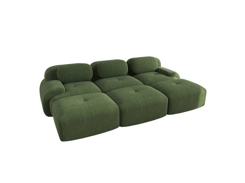  Canapé modulable 3 places 298x178x70 cm, trois poufs, prêt à installer, larges accoudoirs, velours côtelé, vert  - Conforama A
