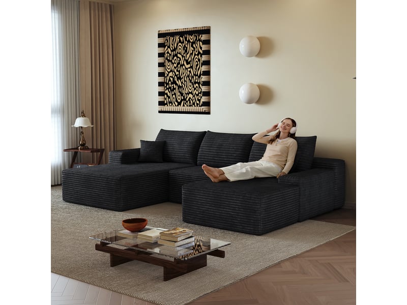  Canapé d'angle, canapé modulable, noir, assise profonde, livré monté, design moderne, 270 cm, pour salon, appartement, chambre  - Conforama R
