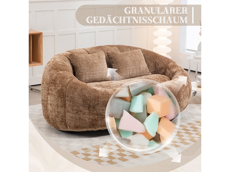  Canapé pouf géant adulte 2 places, fauteuil de sol en tissu chenille avec mousse haute densité, marron café, 150x95x63cm  - Conforama C