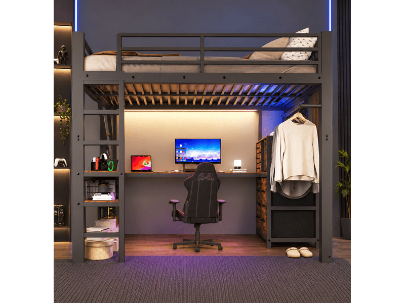  Lit mezzanine 140 x 200 cm avec bureau d’angle, 7 tiroirs en tissu, led, prises eu et penderie, certifié en 747, métal et bois, noir et brun OMNIGLINT TRADING LTD - Conforama C