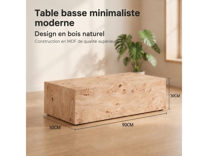  Table basse minimaliste en mdf aspect bois clair – 90 x 50 x 30 cm  - Conforama D