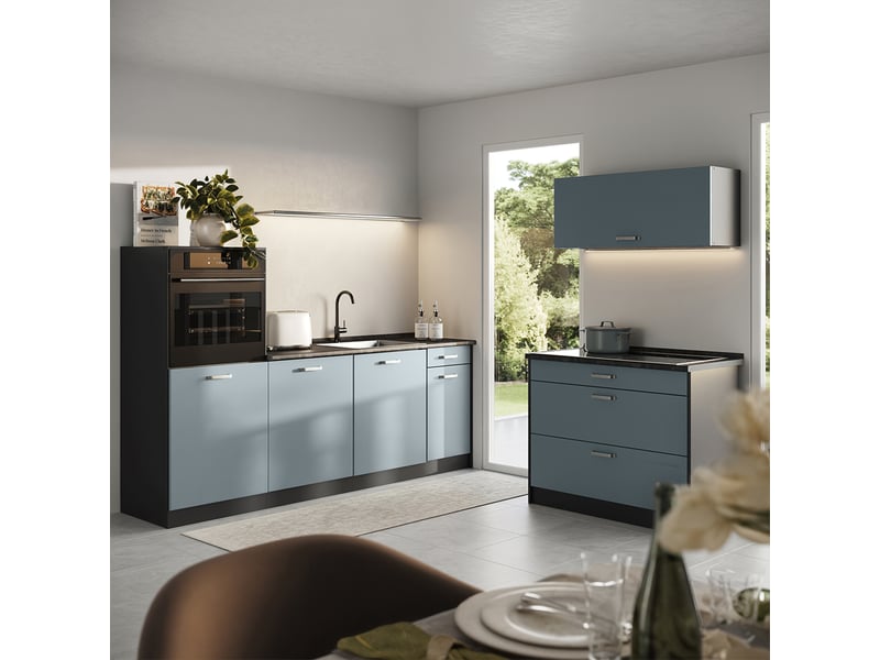 Vicco cuisine, bleu-grisanthracite, 220cm plan de travail chêne doré - Conforama C