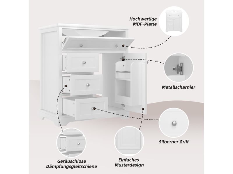 Meuble vasque sur pied blanc, 76 x 46 x 87 cm, en mdf et céramique, avec tiroir rabattable et vasque intégrée - Conforama D