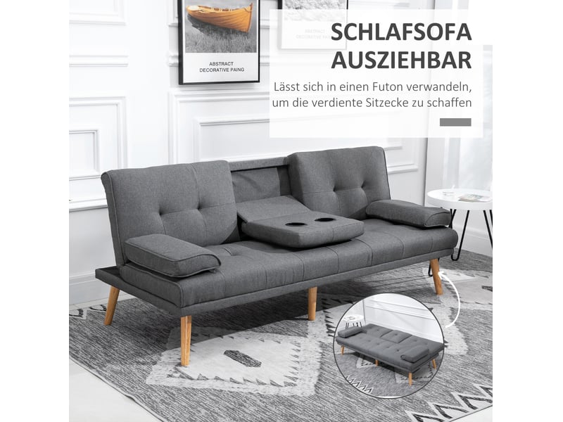  Canapé convertible 3 places avec dossier réglable, table pliante et porte-gobelets en polyester gris foncé  - Conforama D
