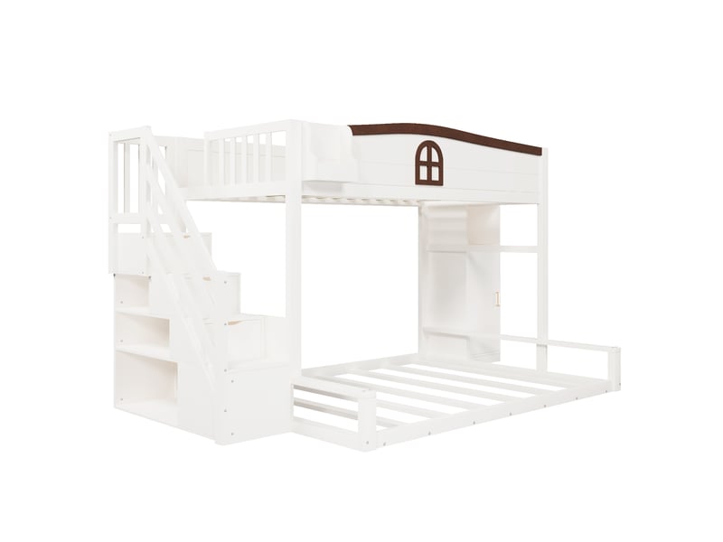  Lit superposé 3 places 90 x 200 + 140 x 200 cm avec escalier de rangement, armoire intégrée et fenêtre décorative, en bois blanc  - Conforama D