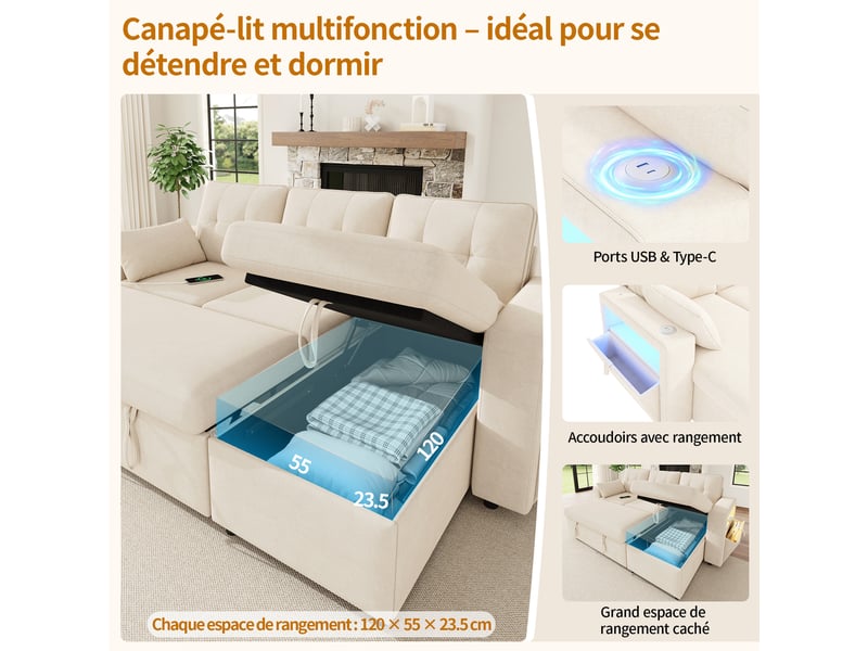  Canapé d'angle modulable - forme l - convertible - rangements intégrés - éclairage led - usb et type-c - tissu chenille - beige CozyNest - Conforama E