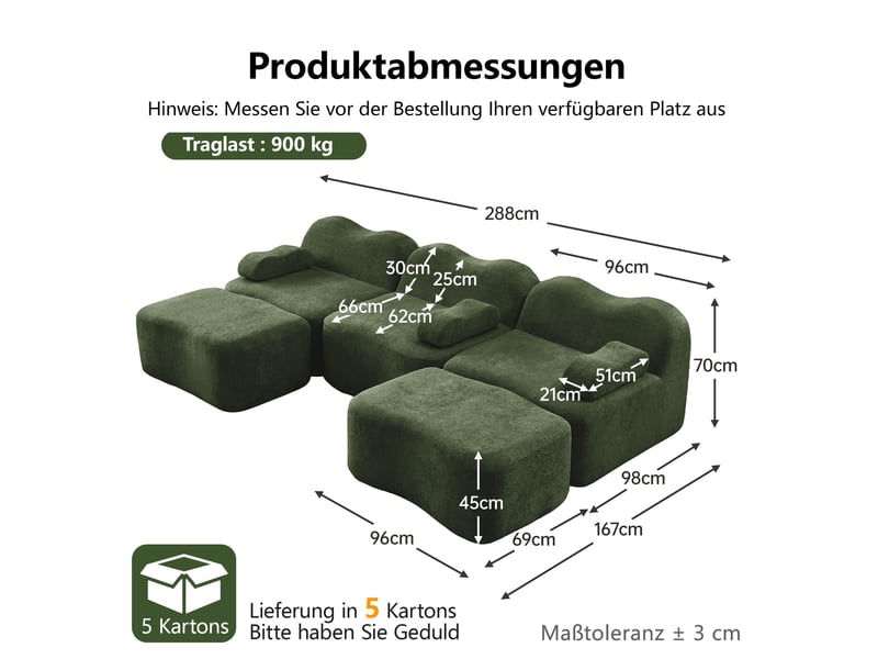  Canapé 3 places avec 2 poufs - 288x167x70 cm - canapé panoramique u velours mousse 32d sans structure rigide 900kg - vert  - Conforama E