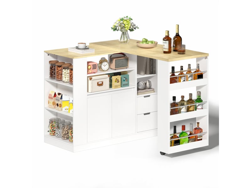Îlot de cuisine 115x50x92 cm blanc et naturel, plateau rotatif extensible - Conforama A