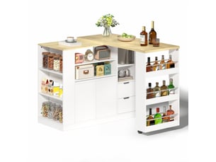 Îlot de cuisine 115x50x92 cm blanc et naturel, plateau rotatif extensible