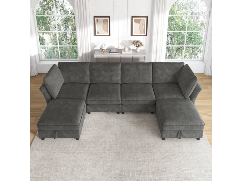 Canapé d'angle, canapé modulable, 6 places, en tissu chenille, gris, avec pouf, style cloud, pour salon, appartement, chambre  - Conforama D